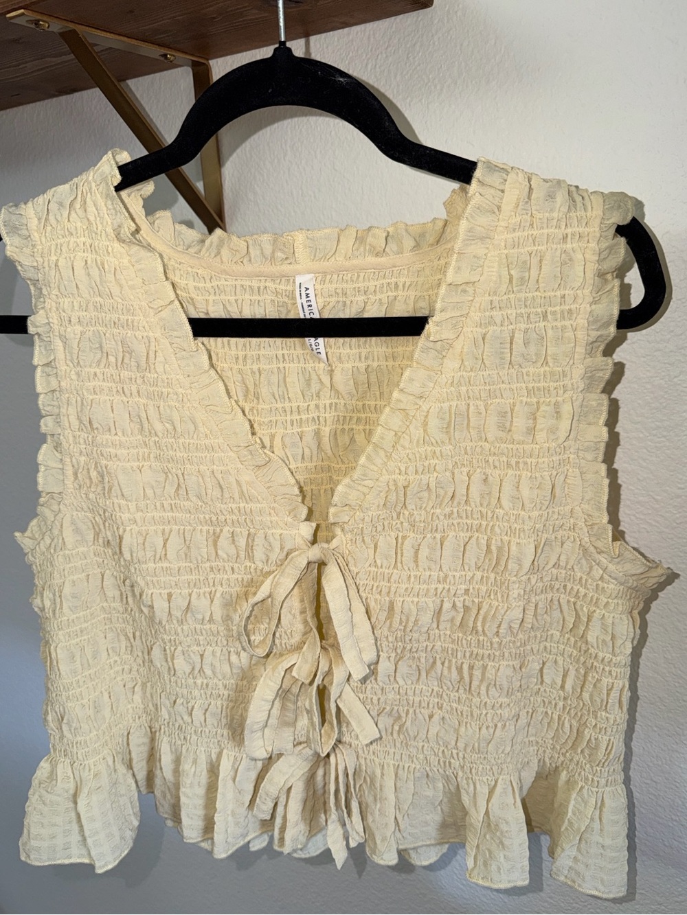 American Eagle Outfitters Yellow Large Smocked Tie-Front Ruffle Top